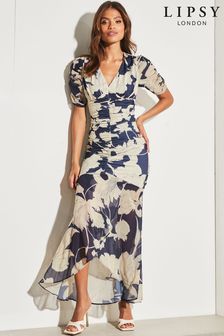 Lipsy Navy Blue Petite Ruched Front Sleeves V Neck Mesh Summer Maxi Dress (P82340) | kr753