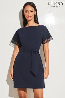 Lipsy Navy Short Sleeve Crochet Lace Trim Belted Mini Dress (P82341) | €15