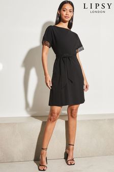 Lipsy Black Short Sleeve Crochet Lace Trim Belted Mini Dress (P82342) | €15