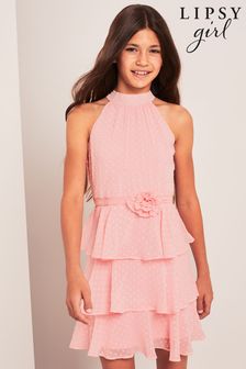 Lipsy Pink Corsage Pleated Halter Belted Dress (P82349) | $71 - $87