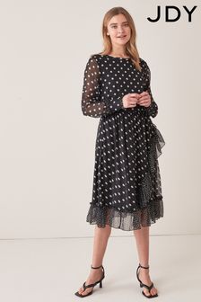 JDY Black Polka Dot Printed Wrap Frill Midi Dress (P82523) | ₪ 105