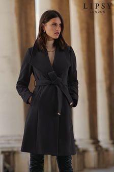 Zwart - Lipsy jas met overslag, ceintuur en lage kraag (P82620) | €142