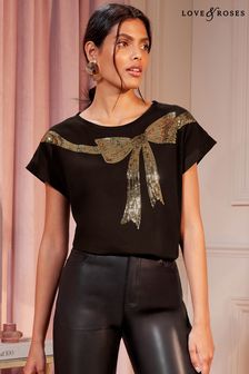 Black - Love & Roses Sequin Bow Jersey Short Sleeve T-shirt (P82676) | kr480
