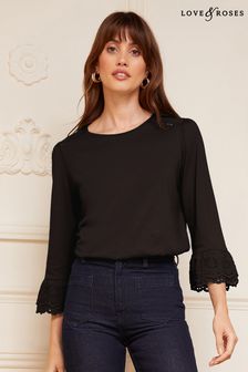 Love & Roses Black 3/4 Broderie Flute Sleeve Round Neck Jersey Top (P82677) | kr363