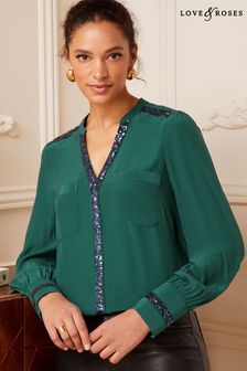 Love & Roses Green Sequin V Neck Long Sleeve Blouse (P82712) | €21