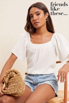 Friends Like These White Flutter Sleeve Square Neck Textured Blouse (P82731) | €46