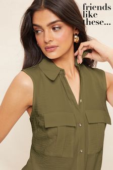 Friends Like These Khaki Green Sleeveless Utility Button Through Shirt (P82746) | €9