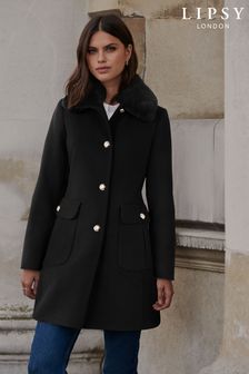 Lipsy Black Regular Faux Fur Collar Princess Coat (P82811) | DKK712