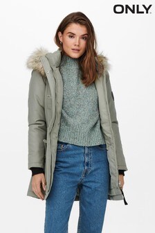 ONLY Green Parka Jacket With Faux Fur Edge (P83122) | $83