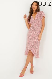 Quiz Pink Animal Print V Neck Midi Dress With Frill (P83244) | €22