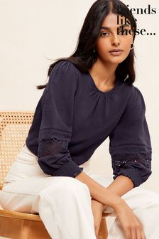 Friends Like These Navy Blue Petite Jacquard Round Neck Cutwork 3/4 Puff Sleeve Blouse (P84576) | €13.50