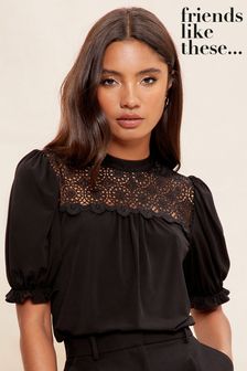 Черный - Friends Like These блузка с короткими пышными рукавами и кружевной кокеткой (P84578) | €21