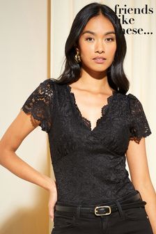 Friends Like These Black Short  Sleeve V Neck Lace Bodysuit (P84582) | 217 SAR