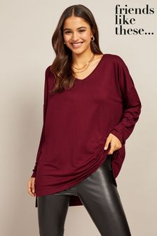 Friends Like These Berry Red Soft Jersey V Neck Long Sleeve Tunic Top (P84588) | €11