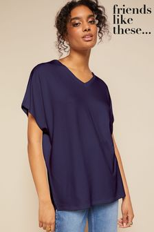 Friends Like These Navy Blue Short Sleeve V Neck Tunic Top (P84595) | KRW42,700