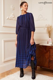 Love & Roses Navy Blue Polka Dot 3/4 Sleeve Printed Pleated Belted Midi Dress (P84756) | €83