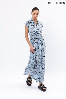 Religion Blue Animal Print Alliance Maxi Sleeveless Shirt Dress In Hand Painted Animal And Floral Prints Made From Vegan Silk (P84882) | €138