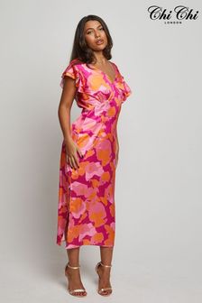 Chi Chi London Pink V Neck Ruffle Detail Abstract Print Midi Dress (P84895) | OMR35