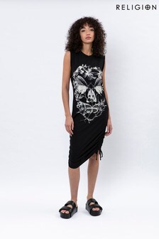 Religion Black Fitted Freedom Dress With Large Graphic And Functional Drawstrings On Either Side (P84900) | $82