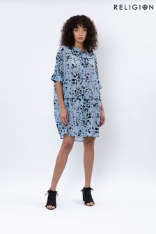 Religion Blue Animal Print Tunic Dress In A Selection Of Hand Painted Floral And Animal Prints Made From Vegan Silk (P84912) | €92