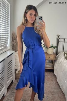 Style Cheat Cobalt Blue Ariana Halter Frill Midi Dress (P86276) | €22