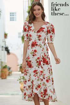Friends Like These Red Floral Tie Wrap Short Sleeve Midi Dress (P86526) | $57