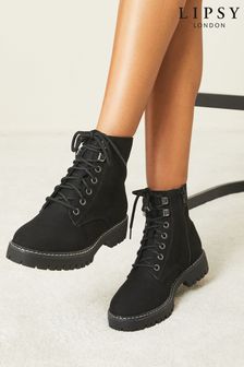 Lipsy Black Chunky Suedette Lace Up Biker Boot (P86546) | €61