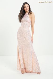 Maya Light Pink Premium Halterneck Sequin Maxi Dress (P86689) | €239