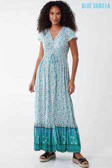 כחול  - שמלה עם כפתורים מקדימה וכיווצים במותן של Blue Vanilla (P86799) | ‏163 ₪