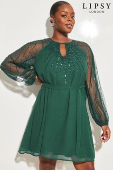 Lipsy Green Curve Hand Embellished Sequin Long Sleeve Seyhole Mini Shift Dress (P86839) | 58 €