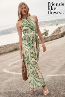 Friends Like These Pink Tropical Printed Halter Neck Tiered Belted Maxi Dress (P87142) | €29