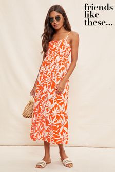 Naranja con palmeras - Vestido de verano a media pierna con parte delantera anudada y frunces con tiras de Friends Like These (P87146) | 55 €