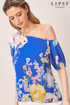 Lipsy Blue Floral Regular Short Puff Sleeve Slash Neck Top (P87321) | €12.50