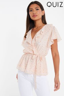 Quiz Pink & Gold Chiffon Foil Frill Wrap Peplum Top (P87875) | €15