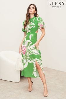 أخضر طباعة - فستان متوسط الطول بكم منفوخ بفتحة من Lipsy (الأحجام الصغيرة 87887) | 293 ر.س‏