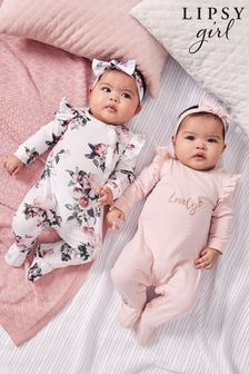Lipsy Pink And White Floral Baby 2 Pack Sleepsuit and Headbands (P88025) | ₪ 131 - ₪ 139