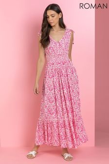 Roman Pink Ditsy Floral Shirred Waist Maxi Dress (P88141) | ₪ 186