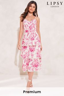 Lipsy Pink Premium Printed Tiered Midi Dress (P88220) | $174