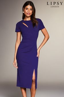 Lipsy Navy Blue Petite Cut Out Ruched Short Sleeve Bodycon Dress (P88278) | kr1 010