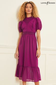 Love & Roses Purple Puff Sleeve Lace Trim Midi Dress (P88468) | 43 €