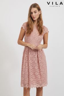VILA Pink Short Sleeve Lace Pleated Dress (P88585) | $48