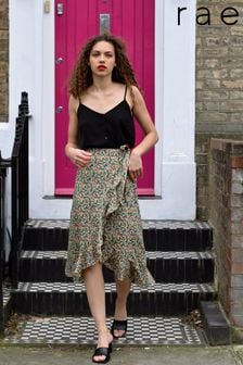 Rae Green Ditsy Floral Print Side Tie Ruffle Wrap Midi Skirt (P88837) | €17