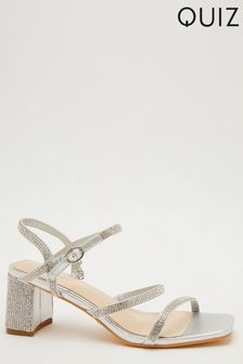 Quiz Silver Diamante Three Band Block Heel Sandals (P88867) | 47 €
