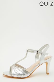 Quiz Silver Shimmer Diamante Strap T-Bar Low Heel Sandals (P88870) | ₪ 154