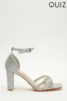 Quiz Silver Satin Cross Diamante Strap Block Heel Sandals (P88871) | 44 €