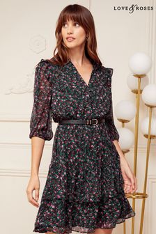 Love & Roses Black Floral Chiffon V Neck Elasticated Sleeve Belted Mini Dress (P88888) | €87