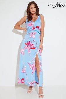 Pour Moi Blue Floral Millie Satin Woven Plunge Maxi Dress (P89100) | $48
