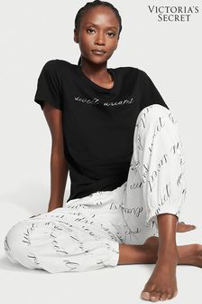 Schwarz/Weiß/Schriftzug - Victoria's Secret Langer, kurzärmeliger Pyjama (P89824) | 60 €