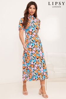 Lipsy Bright Poppy Short Sleeve Ruch Side Midi Dress (P90766) | $69