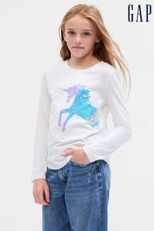 Blanc - T-shirt Gap ras du cou à manches longues à motif licorne et sequins (4-13 ans) (P91361) | €16